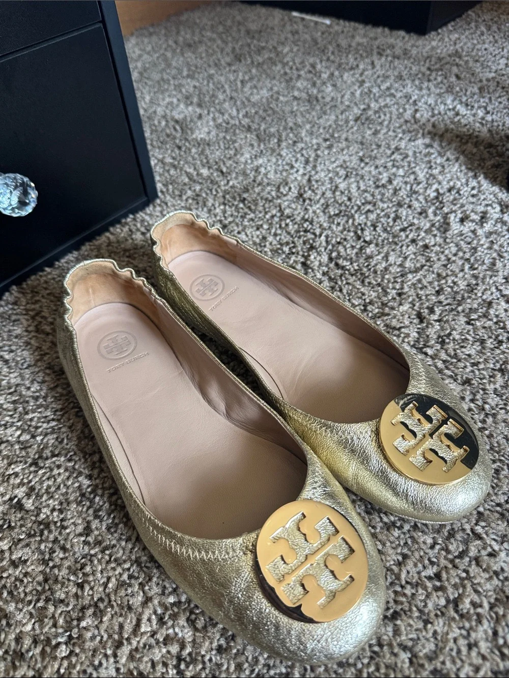 Tory Burch Metallic Gold Leather Logo Ballet Flats